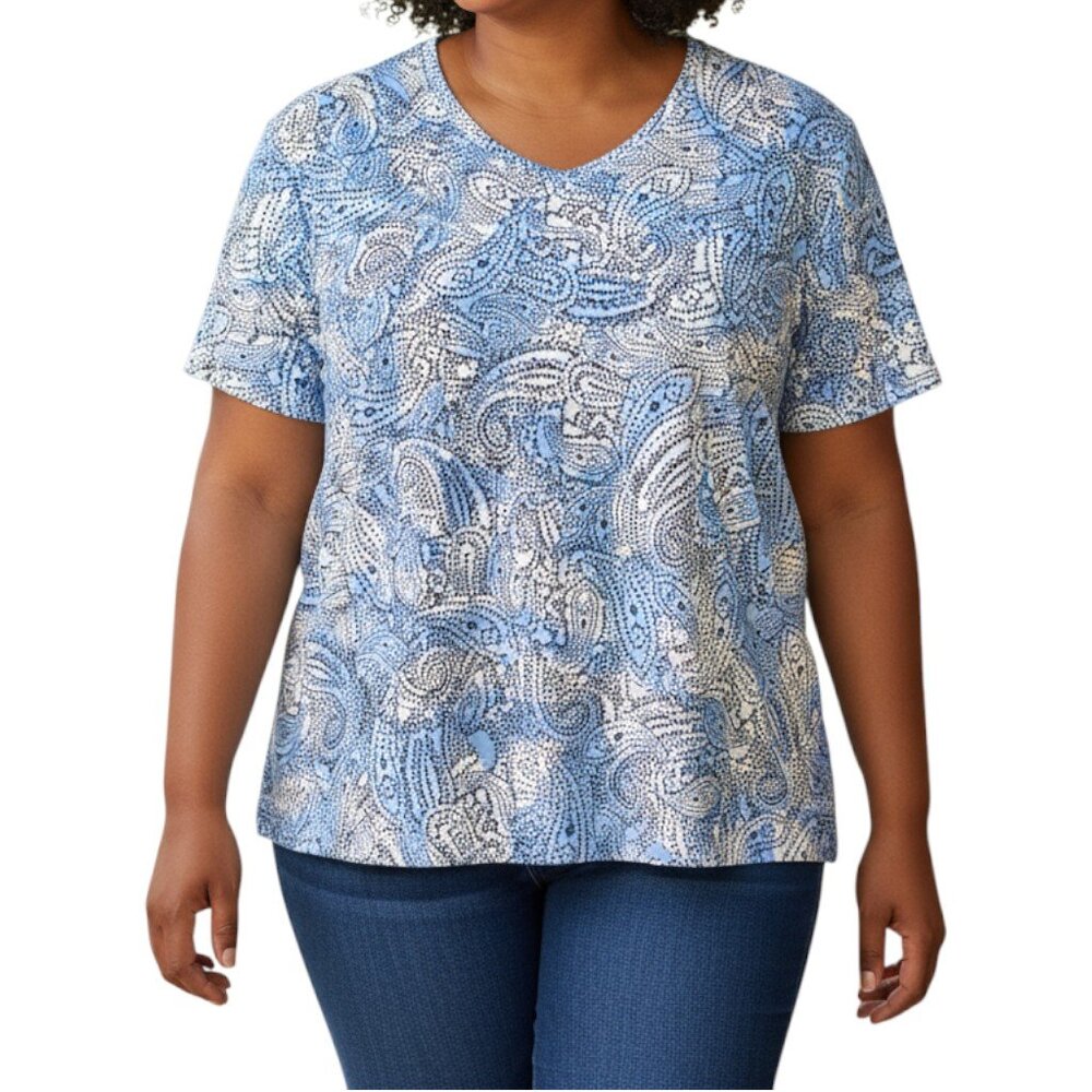CORAL BAY Blue Short Sleeve Paisley Top - Size Petite X-Large